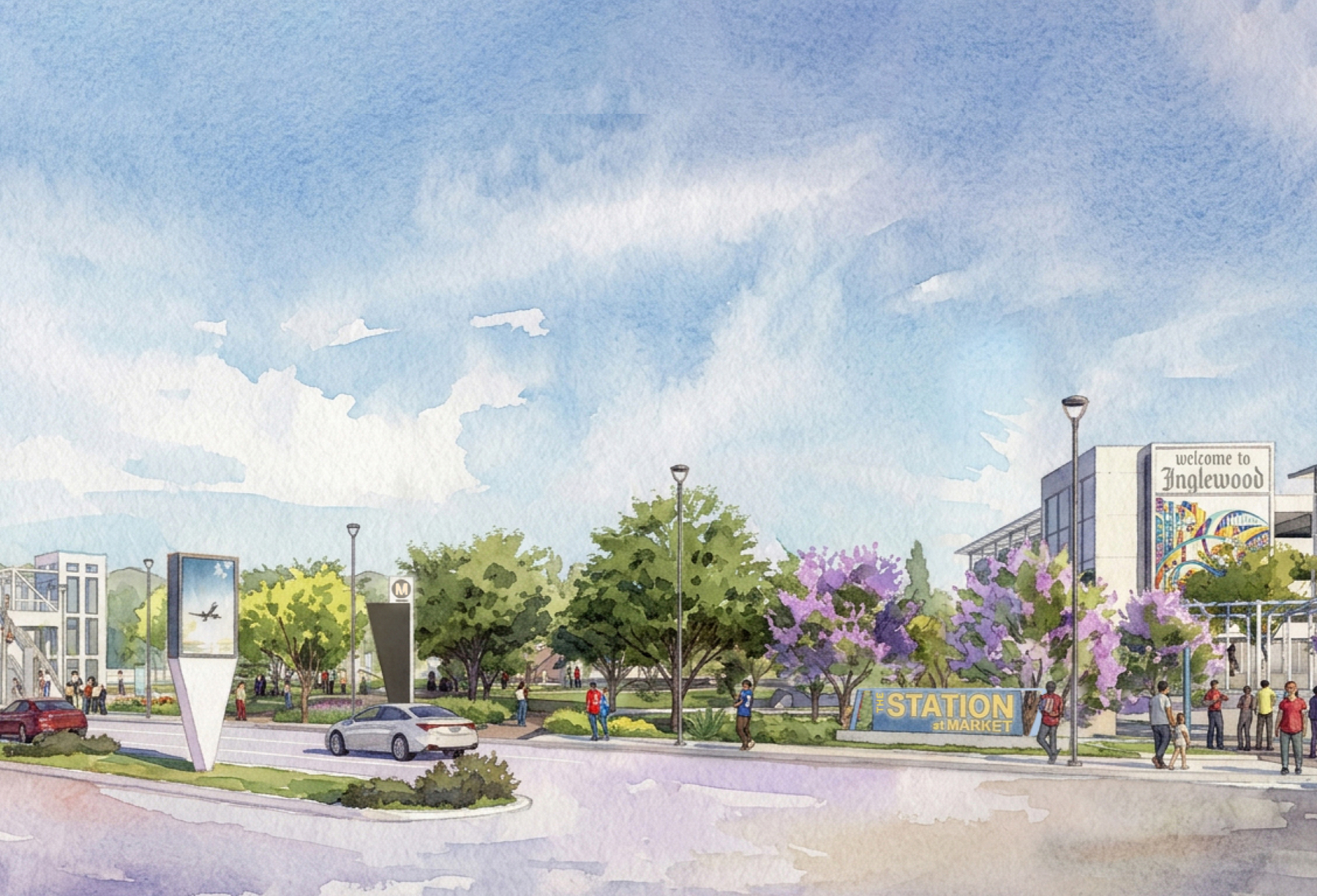 The Station at Market street view watercolor rendering