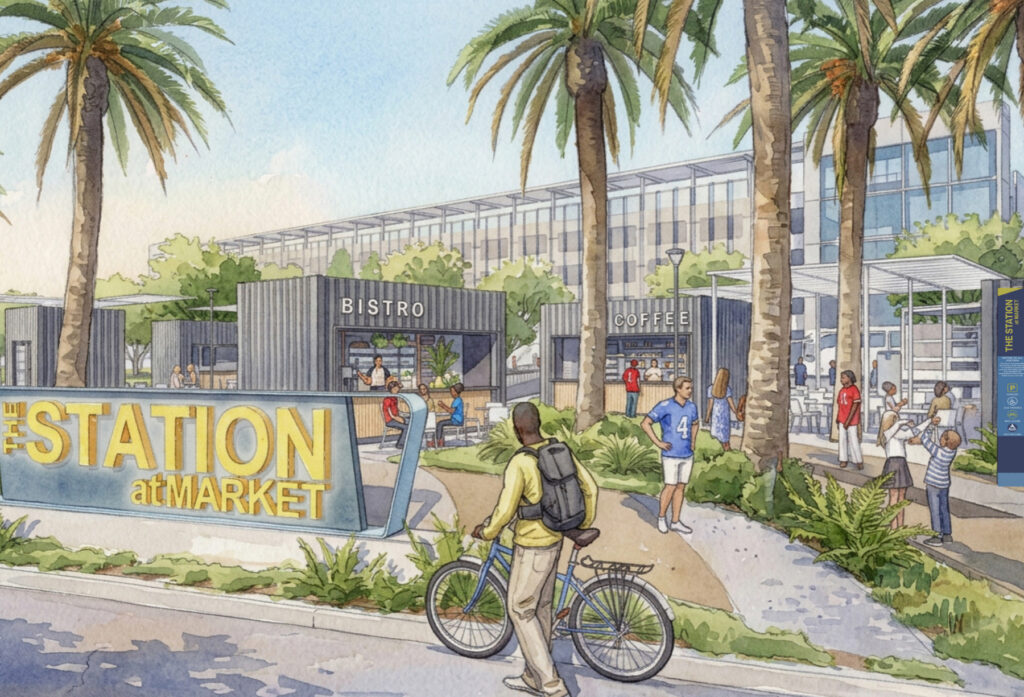 ITC Plan Gallery-004 The Station at Market Watercolor Rendering signage with Bistro and Coffee