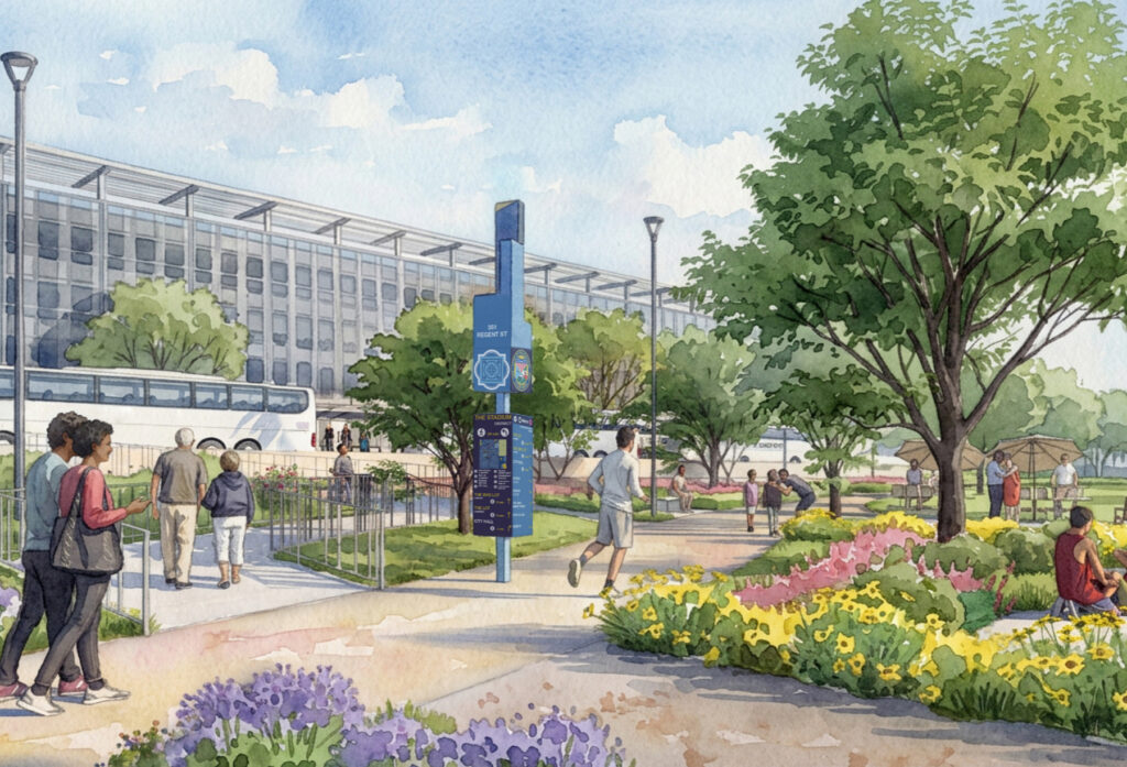 ITC Plan Gallery-005 People walking, jogging, sitting at the Station at Market Mobility Hub Watercolor Rendering