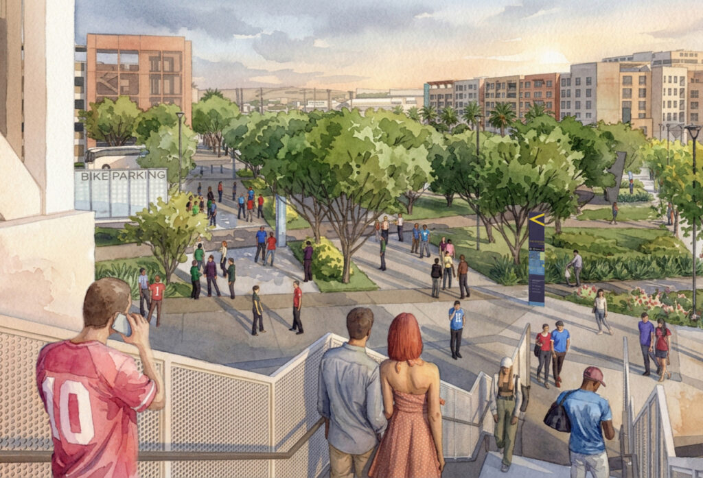 ITC Plan Gallery-006 People at Mobility Hub Watercolor Rendering