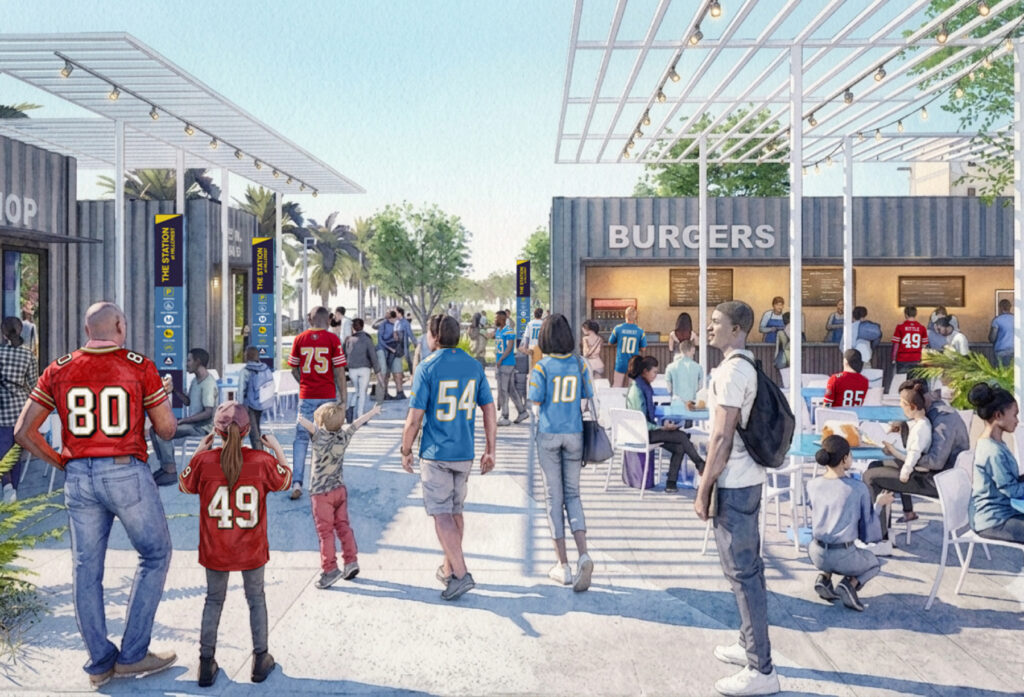 ITC Plan Gallery-007 People in Football Jerseys at the Station at Market Mobility Hub Watercolor Rendering